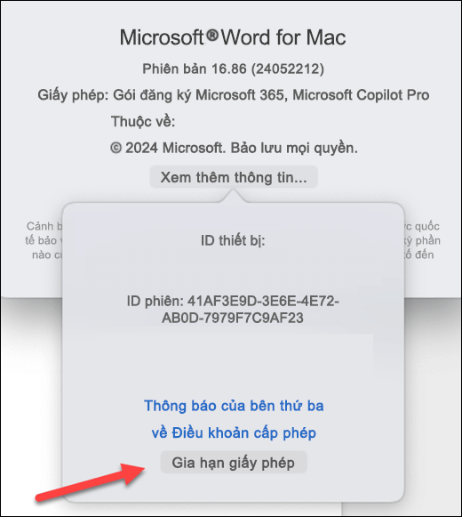 Xác định vị trí nút Cập nhật giấy phép trong Microsoft Word trên MacOS.
