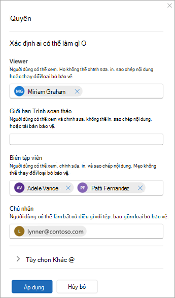 Ảnh chụp màn hình hộp thoại có tiêu đề Quyền với các tùy chọn để thêm người dùng làm người xem, người chỉnh sửa bị hạn chế, người chỉnh sửa và người sở hữu.