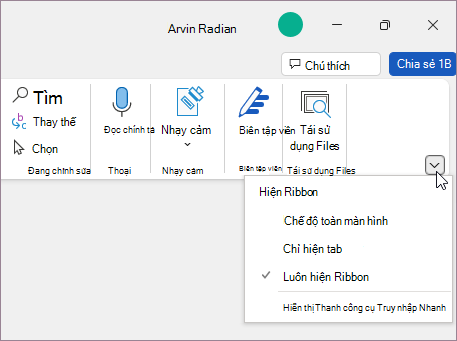 Menu tùy chọn hiển thị dải băng
