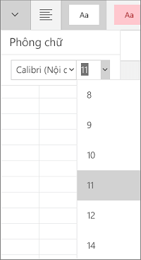 Menu cỡ phông trong Excel for Windows Mobile
