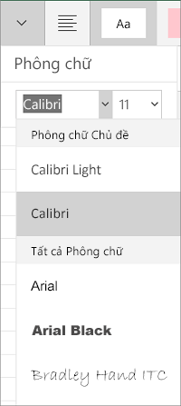 Menu phông chữ trong Excel for Windows Mobile