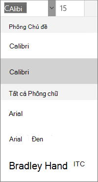 Menu phông chữ trong Word for Windows Mobile