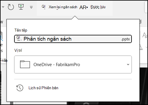 Menu thả xuống từ tiêu đề tài liệu trong Word cho Office 365