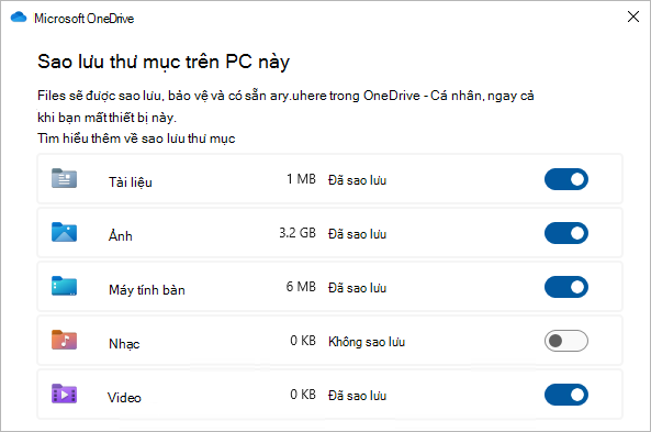 Ảnh chụp màn hình hiển thị hộp thoại chọn để sao lưu thư mục OneDrive