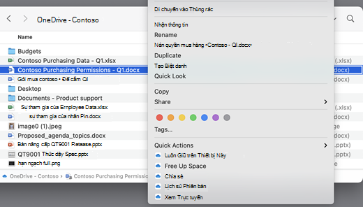 Hiển thị màn hình OneDrive với menu đang mở.