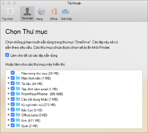 Hộp thoại Chọn Thư mục bên dưới cửa OneDrive cho Mac sổ Tùy chọn