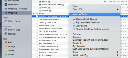 Chọn menu bấm chuột phải để xóa tệp khỏi OneDrive trong Trình tìm kiếm trên máy Mac
