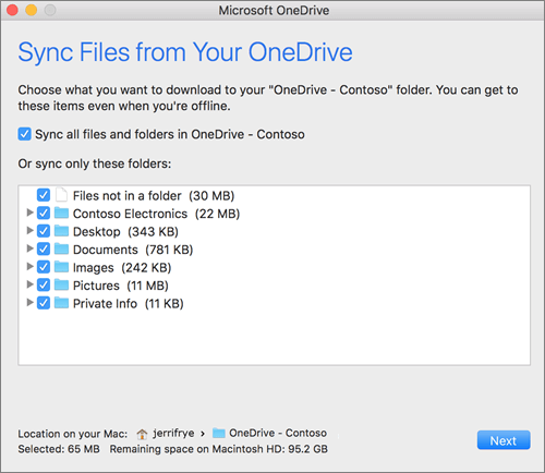 Ảnh chụp màn hình menu thiết lập OneDrive để chọn thư mục hoặc tệp cần đồng bộ.