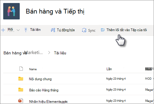 Ảnh chụp màn hình khi thêm lối tắt vào OneDrive của bạn từ thư viện dùng chung