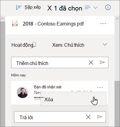 Ngăn Chi tiết OneDrive, hiển thị chú thích còn lại trên tệp dùng chung và tùy chọn Xóa được chọn cho chú thích