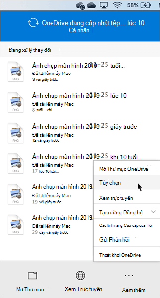 Ảnh chụp màn hình thiết đặt tùy chọn OneDrive personal