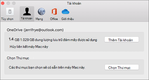 Ảnh chụp màn hình khi thêm tài khoản trong tùy chọn OneDrive trên máy Mac