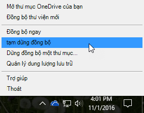 Ảnh chụp màn hình menu OneDrive for Business trước đây khi Tạm dừng đồng bộ được chọn.