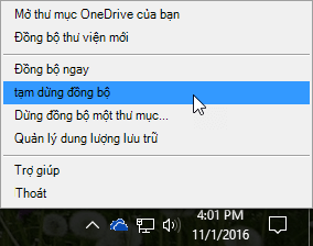 Ảnh chụp màn hình menu OneDrive for Business trước đây khi Tạm dừng đồng bộ được chọn.