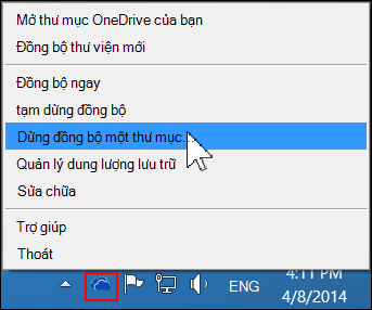 Lệnh Dừng đồng bộ thư mục trong menu OneDrive for Business