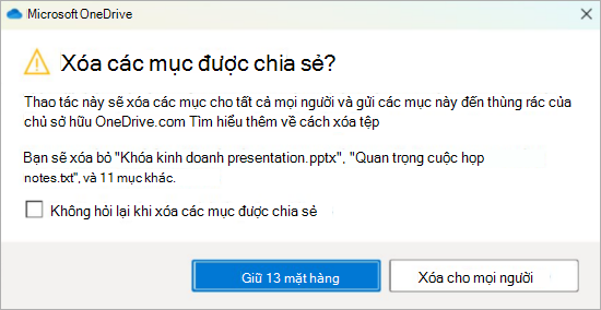 Ảnh chụp màn hình lời nhắc xác nhận OneDrive về việc xóa tệp dùng chung