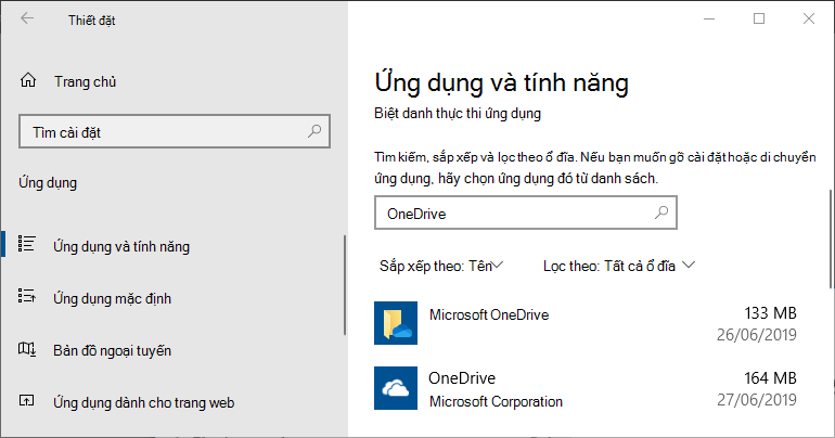 OneDrive trong Cài đặt Ứng dụng Windows