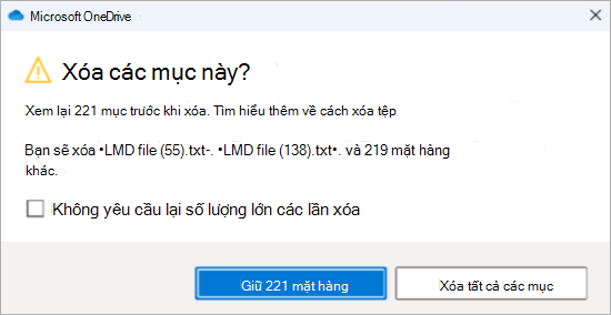 Ảnh chụp màn hình lời nhắc xác nhận OneDrive để xóa nhiều tệp