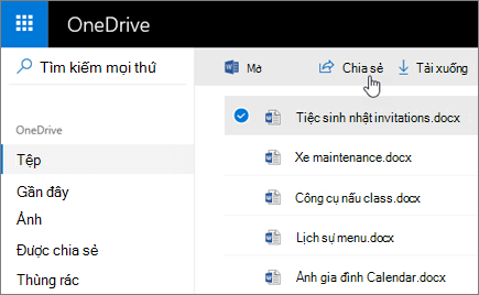 Ảnh chụp màn hình tệp đã chọn và nút Chia sẻ trong OneDrive.