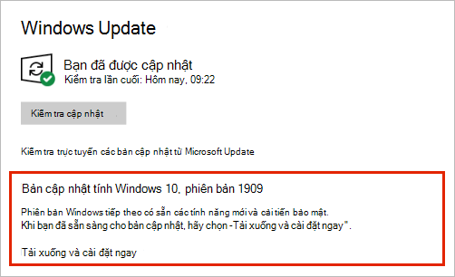 Windows Update hiển thị vị trí đặt bản cập nhật tính năng