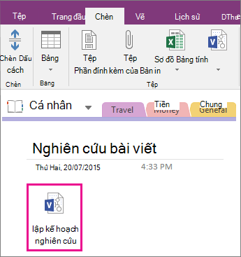 Ảnh chụp màn hình về cách đính kèm tệp Visio vào một trang trong OneNote 2016.