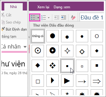 Ảnh chụp màn hình về cách thêm dấu đầu dòng vào trang trong OneNote 2016.