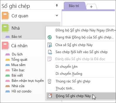 Ảnh chụp màn hình về cách đóng sổ ghi chép trong OneNote 2016.