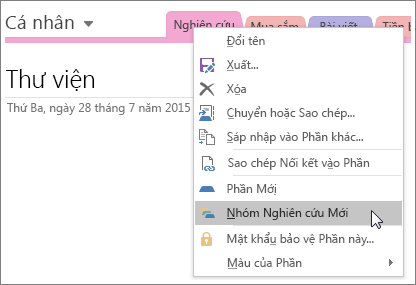 Ảnh chụp màn hình về cách tạo nhóm sectino mới trong OneNote 2016.