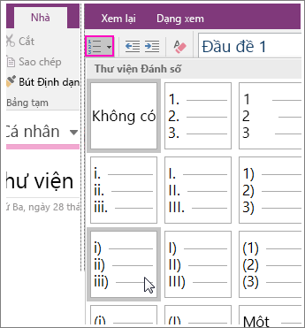 Ảnh chụp màn hình về cách thêm phần đánh số vào trang trong OneNote 2016.