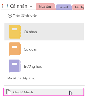 Ảnh chụp màn hình của ngăn Sổ ghi chép OneNote 2016 có Ghi chú Nhanh được tô sáng