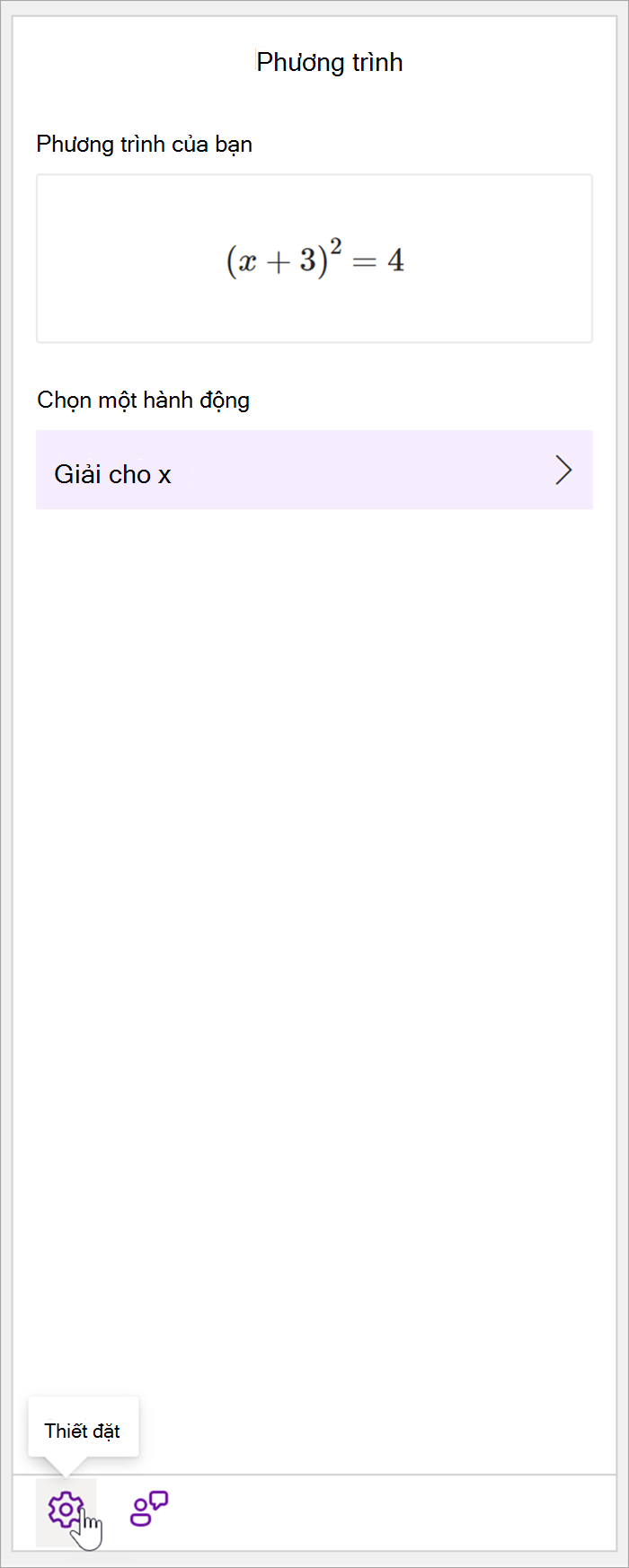 ảnh chụp màn hình ngăn toán học của máy tính bàn onenote với phương trình (x+3)^2=4. Trong phần Chọn một hành động, hành động duy nhất sẵn dùng là Giải quyết fore x.