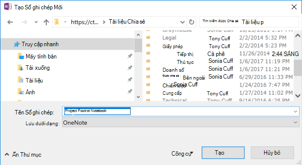 Hộp thoại Tạo Sổ tay Mới trong OneNote for Windows 2016