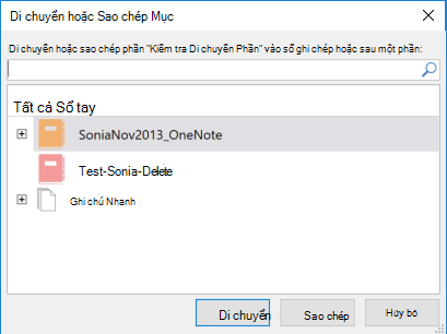 Hộp thoại Di chuyển hoặc Sao chép Mục trong OneNote for Windows 2016