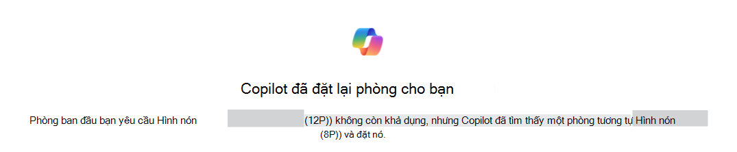 Ví dụ về việc Copilot đặt lại phòng cho bạn xác nhận xác định phòng ban đầu và phòng thay thế.