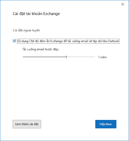 Hộp thoại thiết lập tài khoản, trang Thiết đặt Tài khoản Exchange.