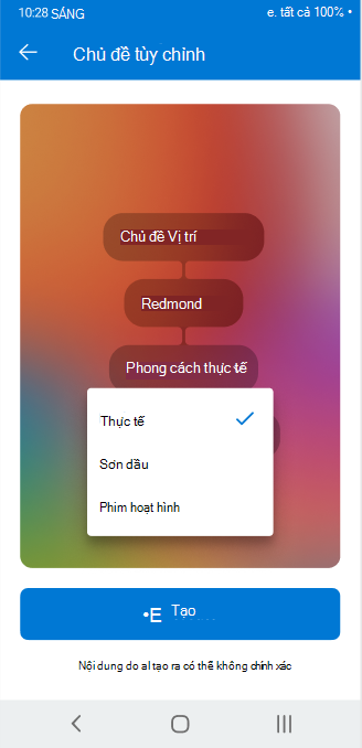 Màn hình hiển thị bộ chọn thả xuống được sử dụng để điều chỉnh các thuộc tính có thể đặt cấu hình của chủ đề tùy chỉnh trên Outlook for Android