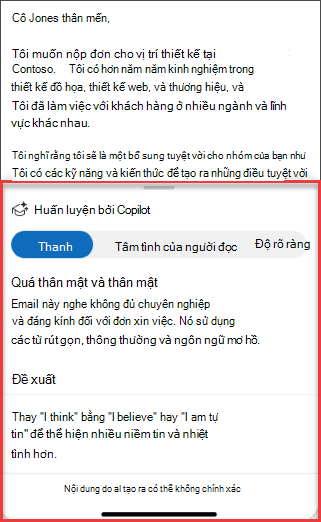 Các đề xuất về sắc độ, độ rõ ràng và tình cảm đọc trong Outlook dành cho thiết bị di động