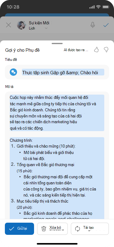Bảng Đề xuất Copilot cho Lịch biểu với Copilot