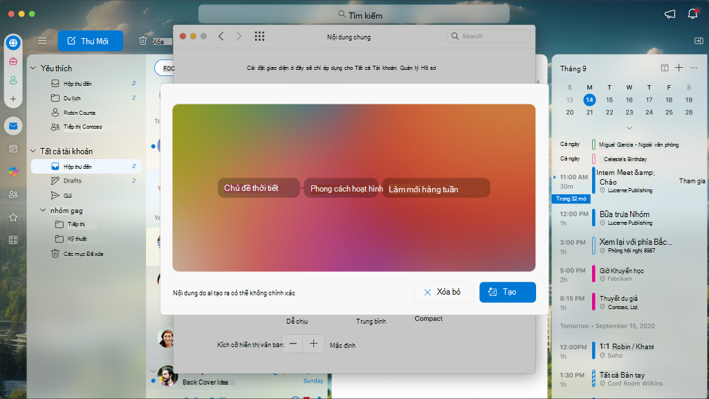 Màn hình hiển thị các thuộc tính có thể đặt cấu hình của chủ đề tùy chỉnh trên Outlook for Mac