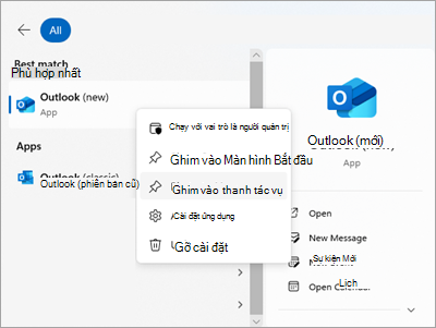 Ảnh chụp màn hình hiển thị Outlook trong menu Bắt đầu bằng tính năng Ghim vào thanh tác vụ