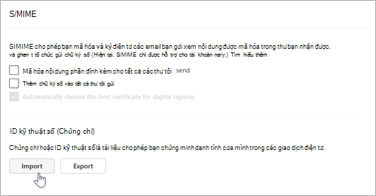 Ảnh chụp màn hình hiển thị trang S/MIME trong phần Thiết đặt và Nhập trong các phần ID Kỹ thuật số
