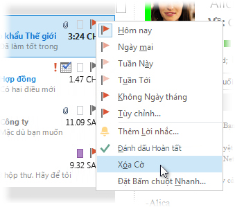 Lệnh Xóa Cờ trên menu chuột phải của danh sách thư