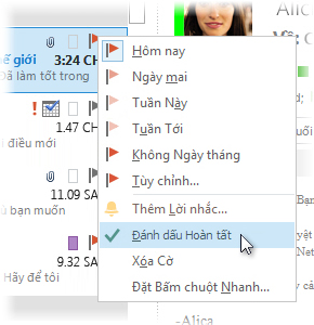 Lệnh Đánh dấu là hoàn thành Xóa trên menu chuột phải của danh sách thư