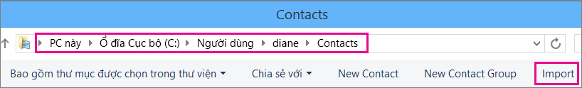 Điều hướng đến thư mục Danh bạ, sau đó chọn Nhập.