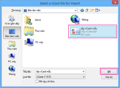 Chọn tệp vCard mà bạn muốn nhập vào .csv.
