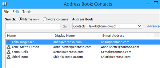 Khi các liên hệ của bạn được nhập từ Google Gmail vào Office 365, bạn sẽ thấy chúng được liệt kê trong Sổ Địa chỉ: Liên hệ