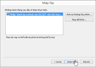 Khi bạn nhập liên hệ Gmail vào hộp thư Office 365 của mình, hãy bấm nút Hoàn tất để bắt đầu di chuyển