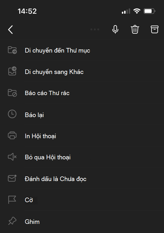 Menu Hình elip ở đầu màn hình cho Outlook Mobile