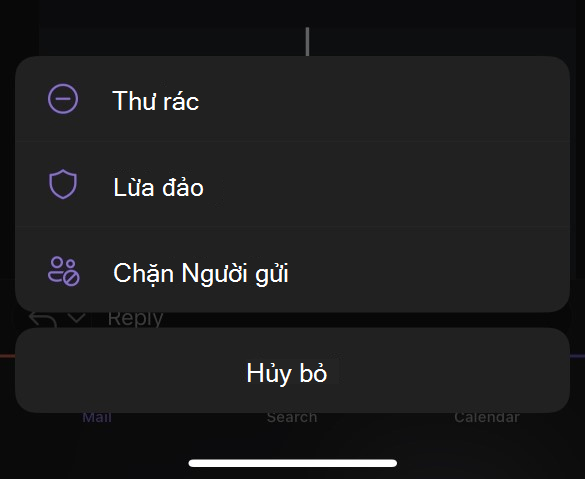 Menu con Thư Rác cho Outlook Mobile