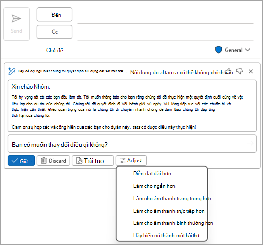 Hiển thị trang thư Cổ điển Của Outlook, với bản thảo Copilot và các tùy chọn Điều chỉnh được hiển thị.